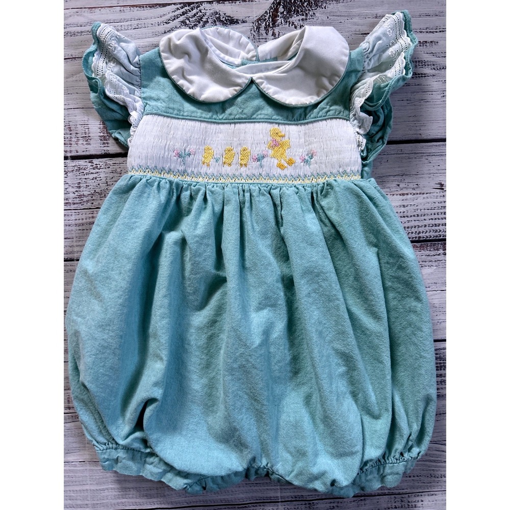 House of Hatten Inc Romper Baby 18 Mos Blue Smocked Duck Embroidered Lace Ruffle